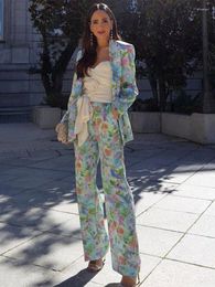Tweedelige broek voor dames bloemenprintpak Wijd been voor vrouw 2 stuks Fashion Office Lady Blazer Pakken Sets Casual 2023 Spring Coat