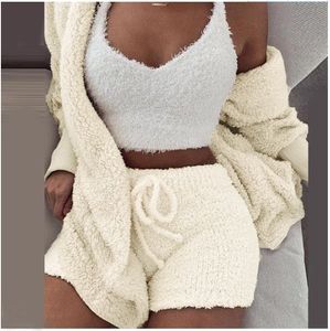 Tweedelige broek voor dames Pluizige driedelige set Lounge Sexy 3-delige set Dames Trui gebreide set Tanktop en broek Casual Homewear Outfits Thuispak 230826