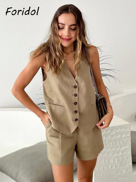 Pantalon deux pièces femme Foridol coton lin marron printemps été poches shorts gilet ensemble sans manches boutonné col en V jambes larges tenues 2 pièces costume Femme 230719