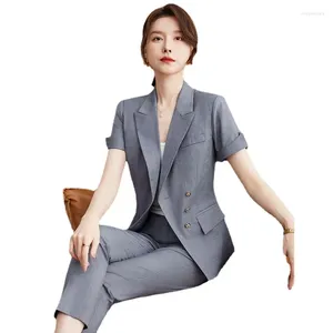 Pantalon de deux pièces pour femmes Fashion Grey Grey Blazer Femmes Business Suits Pant et Top Set Summer Veste Ladies Work Wear Office Uniform Style