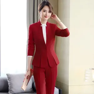 Frauen Zwei Stück Hosen Formale Weibliche Rot Blazer Frauen Hose Anzüge Büro Damen Jacke Arbeit Tragen Set Uniform Business kleidung