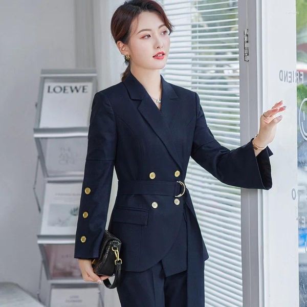 Pantalones de dos piezas para mujer Blazer formal para mujer Trajes de negocios para mujer con conjuntos Ropa de trabajo Uniforme de oficina de Corea Azul oscuro 2 piezas Tamaño grande