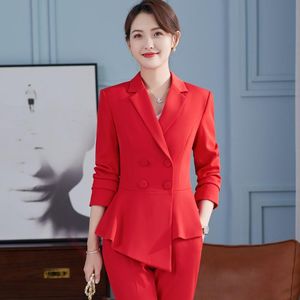 Dames tweedelige broek Formele dames Red Blazer Women Business Suits met sets Work Wear Office Uniform Donker 2-delige jas setw grote jas setw