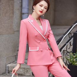 Dames Tweedelige Broek Formele Olstijlen Blazers Suits Elegant Pink Hoge Kwaliteit Stof Professionele Carrière Business Dames Broek Set Broek