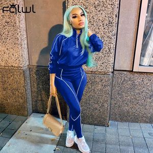 Tweedelige damesbroek FQLWL Fall Streetwear 2 Tweedelige sets Trainingspak Dames Outfits Crop top met lange mouwen Joggers Broekpakken Blauw Bijpassende sets 230717