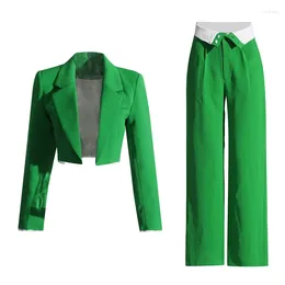 Tweedelige broek voor dames Franse gewas blazer rechte breedbeen broek Pak Sets 2 voor vrouwen groen casual losse vakantie outfits zwarte broekpak