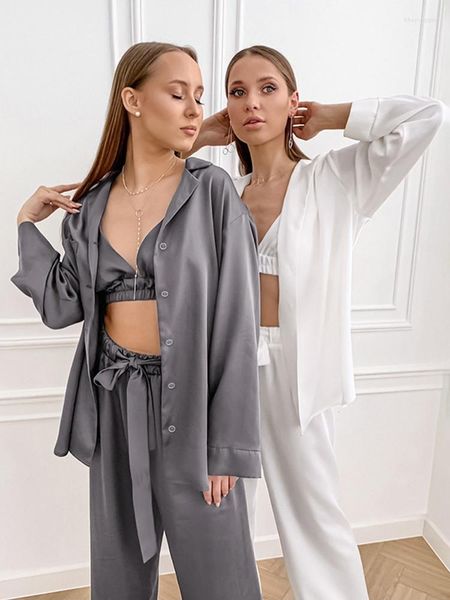 Femmes deux pièces pantalons français imitation soie trois ensembles femmes Sexy revers chemises soutien-gorge cordon ample décontracté pyjamas Homewear costumes