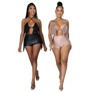 Femmes deux pièces pantalons franges glands costumes licou soutien-gorge haut décontracté Shorts ensemble pour femmes dos nu 2 pièces en cuir Pu