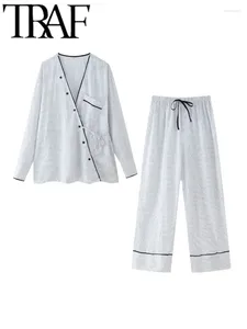 Pantalon de deux pièces pour femmes Gal 2024 Pyjama Spring Style Stripe Striped Femmes Kimono Blouse Set Asymétric Loose Shirt Oversize Top Hise Pantal