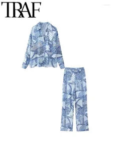 Pantalon de deux pièces pour femmes Gal Vintage Paisley Imprimé de chemises en vrac Summer à manches longues V Feme Cloue Female Clets Y2K