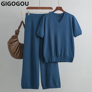 Pantalon deux pièces pour femmes GIGOGOU basique col en V printemps été femmes t-shirt ensemble mode tricot ample décontracté deux pièces manches courtes survêtement Ladys pantalon costume 230607