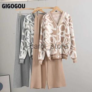 Women's Two Piece Pants GIGOGOU Leopard Knit Women Cardigan Sweater Tracksuits Fashion Shaking Wide Leg Pants Suits Single Breast Woman Knit Cardigans J231213