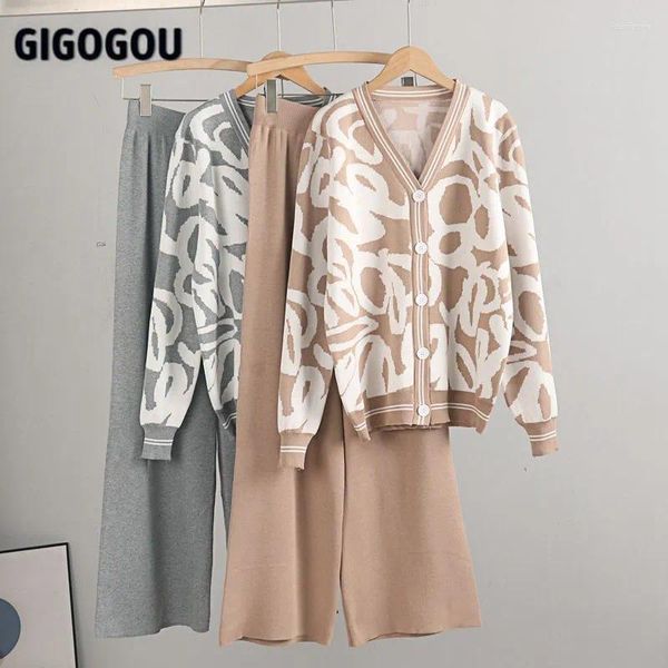 Pantalon de deux pièces pour femmes GIGOGOU Leopard Knit Femmes Cardigan Pull Survêtements Mode Shaking Wide Leg Costumes Single Breast Femme Cardigans