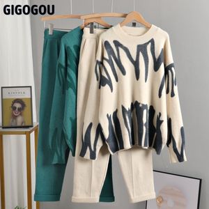 Tweede stuk broek Gigogou voor dames oversized Tie Dye Winter Knit Set vrouwen Harem Pant Suits Losse truien Jogging gebreide trainingsuitrusting Outfits 221117