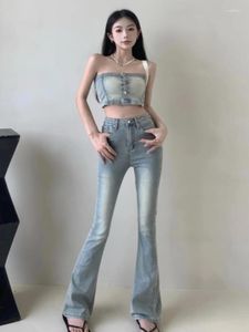 Pantalon de deux pièces pour femmes Girl Sweet Denim Set pour femmes sans manches Sexy Soutien-gorge Crop Top Taille haute Jeans Vintage Fashion 2 Pantalons Ensembles