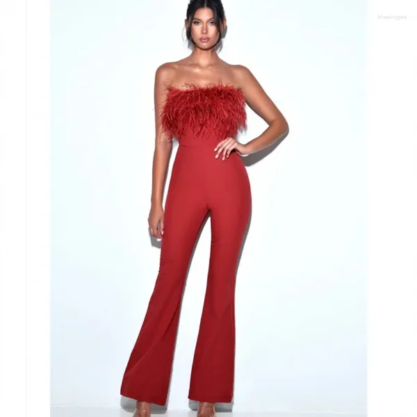 Pantalon deux pièces pour femmes, magnifique plume, Sexy, haut tubulaire, combinaison à la mode, Micro corne, tenue de fête sociale, de banquet