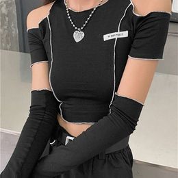 Dames tweedelige broek Goth Dark Women Black Gotische Crop Tops Open schouderhoes Koreaanse Casual Fashion Hip Hop 230224