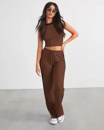 Pantalon de deux pièces pour femmes gotola femmes mode décontractée sans manches col rond haut court élastique fil long couleur correspondant deux pièces ensemble femme