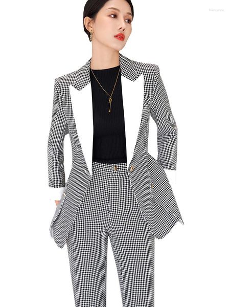 Femmes Deux Pièces Pantalon Gris Plaid Dames Formelle Blazer Pantalon Costume Femmes D'affaires Travail Porter Veste Et Pantalon Femme 2 Ensemble Pour L'automne Hiver