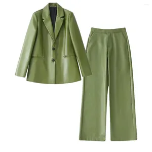 Pantalon deux pièces pour femmes, ensembles de vestes vertes, col cranté, blazer en cuir PU, manteau, pantalon droit, fausse veste, costume femme, tailleur-pantalon