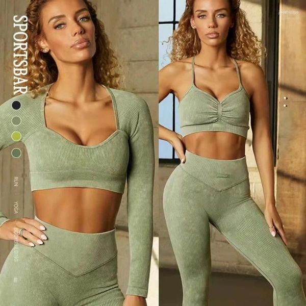 Pantalones de dos piezas para mujer, traje de Yoga verde sin costuras para ejercicio, Fitness, Otoño Invierno, cremallera, ropa deportiva transpirable elástica