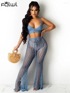 Pantalon de deux pièces pour femmes Habbris Summer Blue Fashion Hollow Out Mesh 2 Set Beach Vacances pour femmes 2024 Black Crop See Through