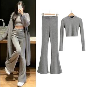 Pantalon deux pièces femme col roulé coupe slim coupe nombril court pull en maille à manches longues + pantalon évasé moulant stretch taille haute ensemble deux pièces