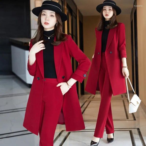 Pantalones de dos piezas para mujer Hanbok abrigo de traje rojo vino de algodón grueso ropa de negocios de otoño e invierno cortavientos largo medio