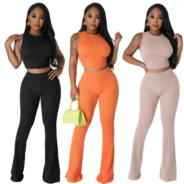 Pantalon de deux pièces pour femmes HAOOHU 2023 Mode Casual Sexy Costume Solide Couleur Gilet Pit Stripe Sans Manches Micro Printemps Été