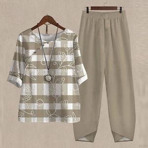 Tweedelige broek voor dames Harajuku Vintage Dames Sets 2023 Leergedrukte tops Pullover en Solid Pant Suits Summer Casual Loose Street Outfits 230313
