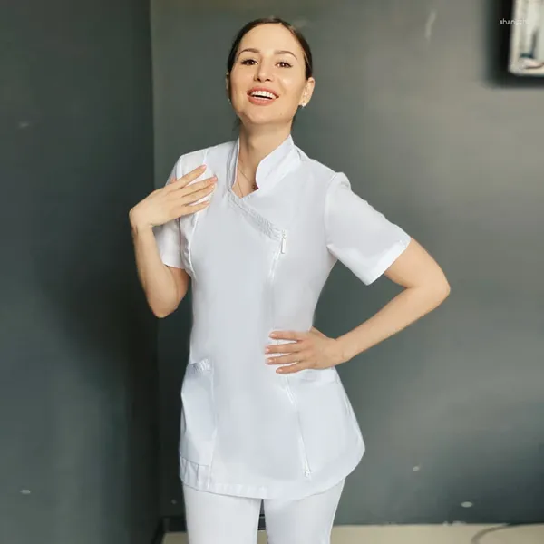 Pantalones de dos piezas para mujer, uniforme de trabajo blanco para centro de salud, conjuntos de belleza, clínica Dental, trabajo de verano de manga corta