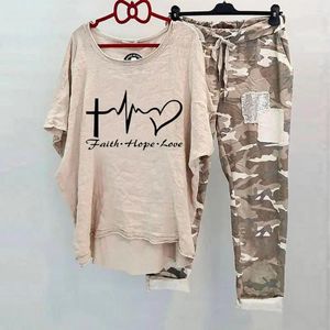 Tweedelige broek voor dames hartslag printen katoenpak stijlvol o nek mode dames outfit camouflage short mouw t-shirt set