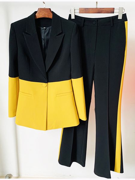 Pantalones de dos piezas para mujer ALTA CALIDAD est 2023 Estilo estrella Diseñador de moda Conjunto de traje de pasarela Un solo botón Color Block Blazer Flare 230313