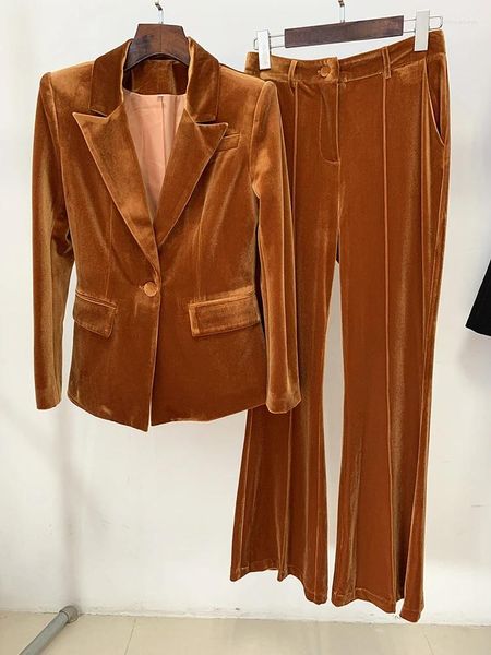Pantalones de dos piezas para mujer ALTA CALIDAD Est 2023 F / W Conjunto de traje de diseñador Blazer de terciopelo con un solo botón Flare 2 piezas