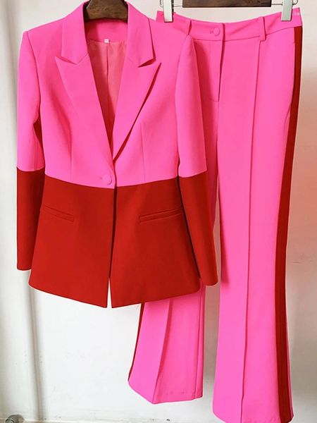 Pantalones de dos piezas para mujer ALTA CALIDAD Est 2023 Estilo estrella Diseñador de moda Conjunto de traje de pasarela Un solo botón Color Block Blazer Flare