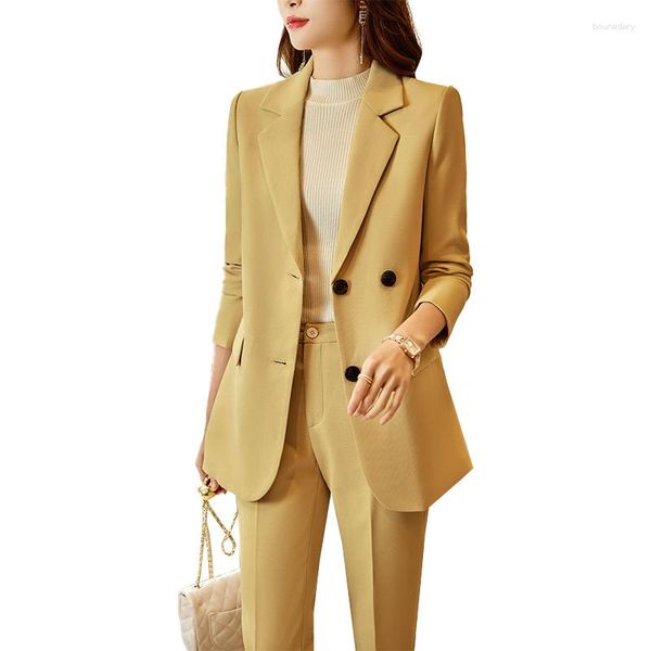 Pantalon de deux pièces pour femmes de haute qualité Blazer de mode Femmes Pantalon Costumes Dames Travail d'affaires Veste jaune Bureau Uniforme Style