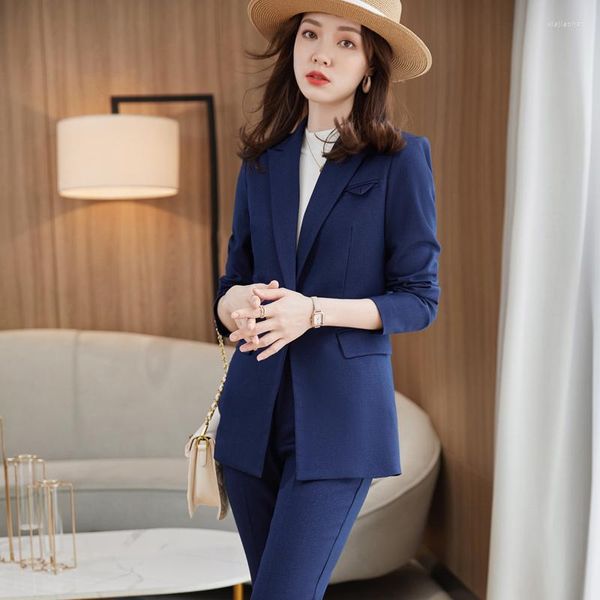 Pantalon deux pièces pour femmes Blazer en fibre de haute qualité Femmes Costumes d'affaires Pantalon et veste Ensembles Dames Travail Bureau Uniforme Styles Bleu marine