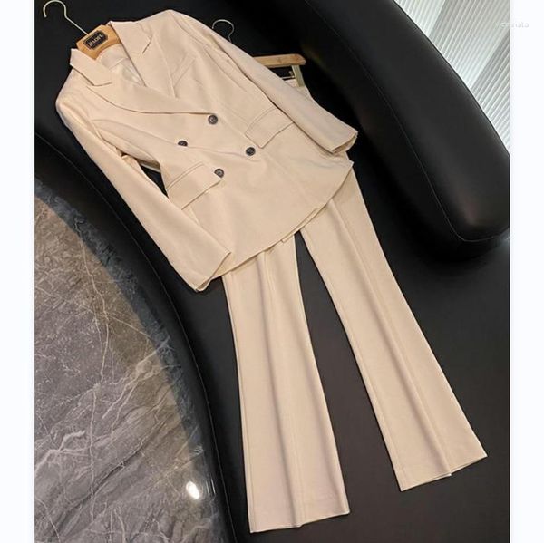 Pantalon deux pièces femme haute qualité dame bureau basique costume solide Double boutonnage Slim ajusté Blazer ample évasé femmes 2 pièces