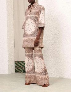 Pantalon de deux pièces pour femmes de haute qualité lin Paisley 2024 Collection imprimé floral demi-manches chemisier long et évasé ensembles pour femmes
