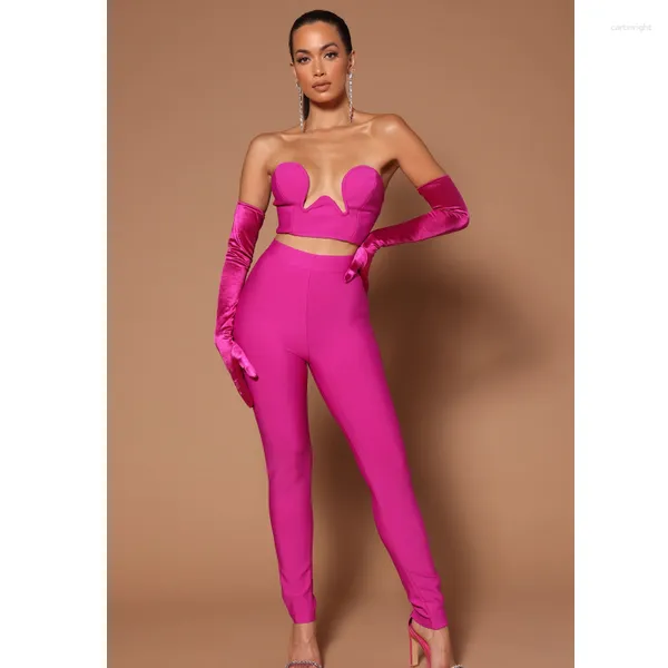 Pantalones de dos piezas para mujer Vendaje de alta calidad Conjunto de mujer Guante de moda Con cuello en v Top corto sin tirantes y bodycon 3 piezas Traje de fiesta de noche 2