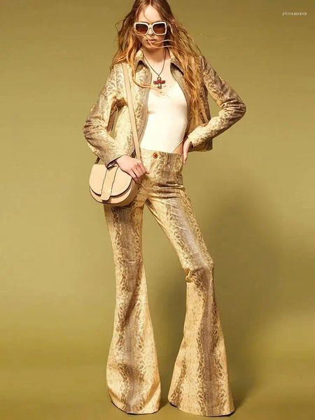 Pantalones de dos piezas para mujeres High Street EST 2024 Traje de diseñador Set Snake Skin Chaqueta de cuero estampado altavoz