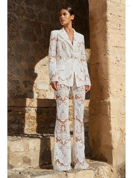 Pantalon de deux pièces pour femmes High Street Est 2024 Designer Runway Suit Set Single Button Guipure Lace Blazer à paillettes