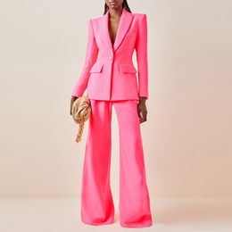 Dames tweedelige broek HIGH STREET est SS Designer Runway Suit Set Dames Single Button Slim Fit Blazer Flare Pants Suit tweedelig roze 230802