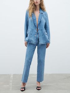 Vrouwen Tweedelige Broek High Street Fashion Vrouwen 2023 Denim Set Outfit Double Breasted Blazer En Jeans Met Rechte Pijpen Co Ord Broek Past