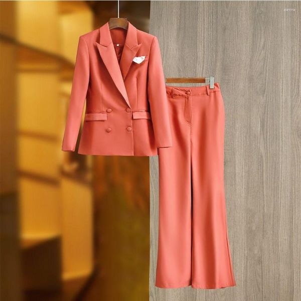 Pantalon de deux pièces pour femmes High Street Runway Femmes Costume Orange Peaked Revers Luxe Blazer à double boutonnage Pantalon à jambes larges Office Lady