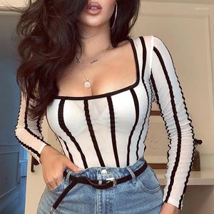 Pantalon deux pièces pour femmes High Street White Scoop Neck Mesh Sheer Striped Long Sleeve Rompers Women Body Fishnet Top Fashion See-through