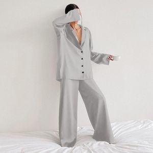 Vrouwen Tweedelige Broek Hiloc Oversized Satijn Zijde Nachtkleding Laag Uitgesneden Sexy Pyjama Voor Vrouwen Single-Breasted Lange Mouwen Wijde Pijpen Broek