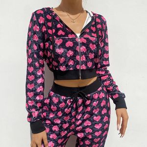 Pantalon deux pièces pour femmes hirigin coeur imprimé rose mignon haut court veste à manches longues automne velours manteau poche patchwork baseball harajuku hiver 231214