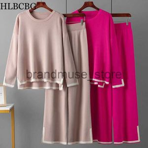 Tweedelige damesbroek HLBCBG Gebreid damesbroekpak Tweedelige set Groen Winter Losvallend gebreide kleding met lange mouwen Flare broeksets Dames Casual pakken J231216