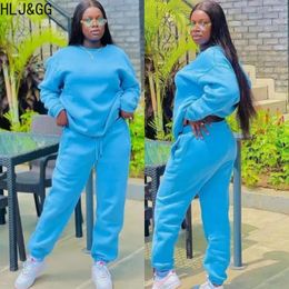 Tweedelige broek voor dames Hljgg Blue Fall Winter Solid Color Jogger Tracksuits Women Round Neck Long Sleeve pullovers Sets Outfits